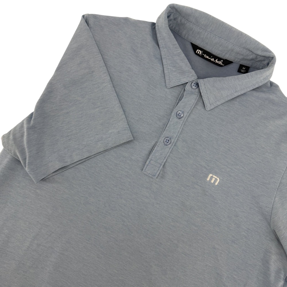 TravisMathew Polo Shirt Mens Medium Blue Micro Stripe North Ranch Golf Technical
